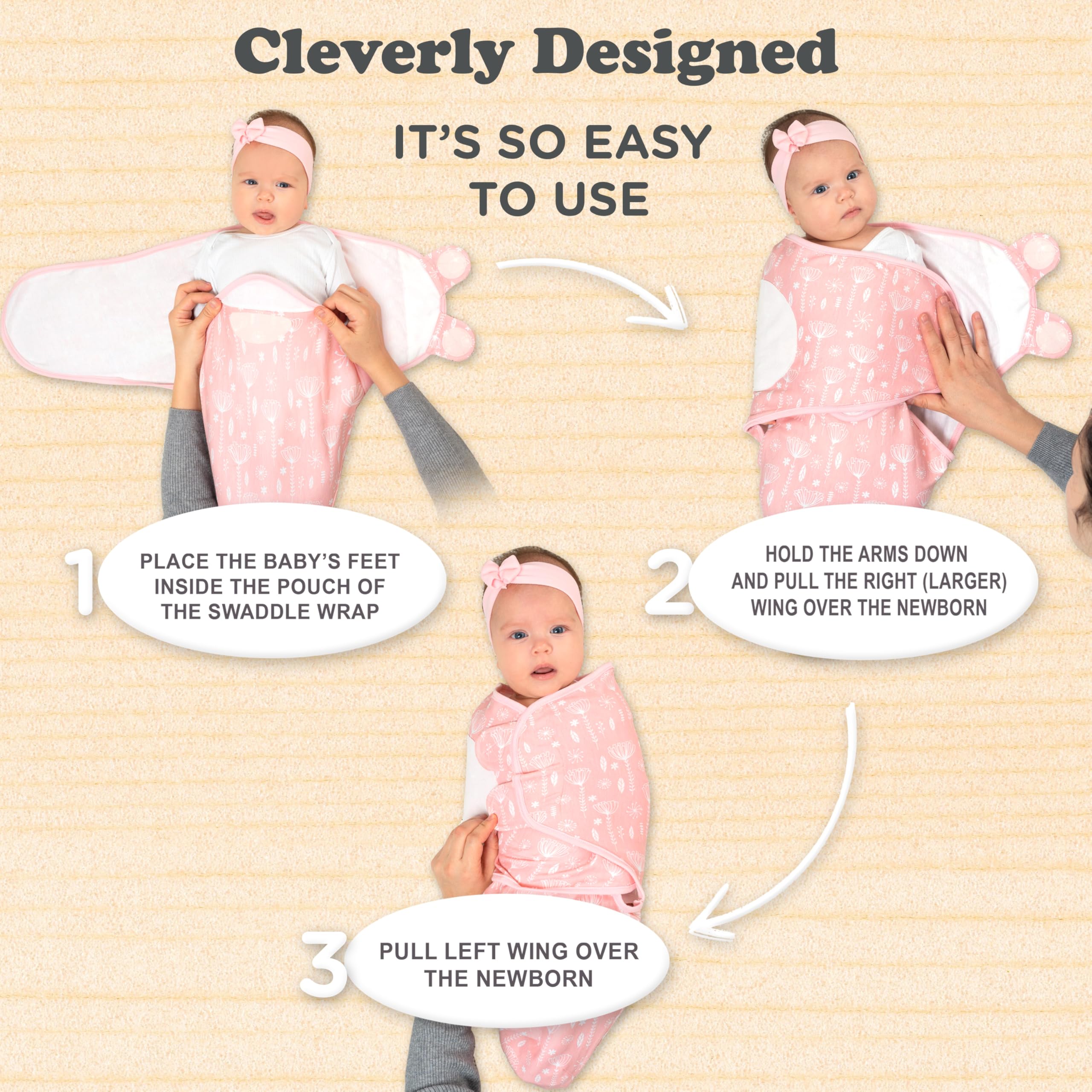 Bublo Baby swaddle rose pink side view highlights adjustable fit.