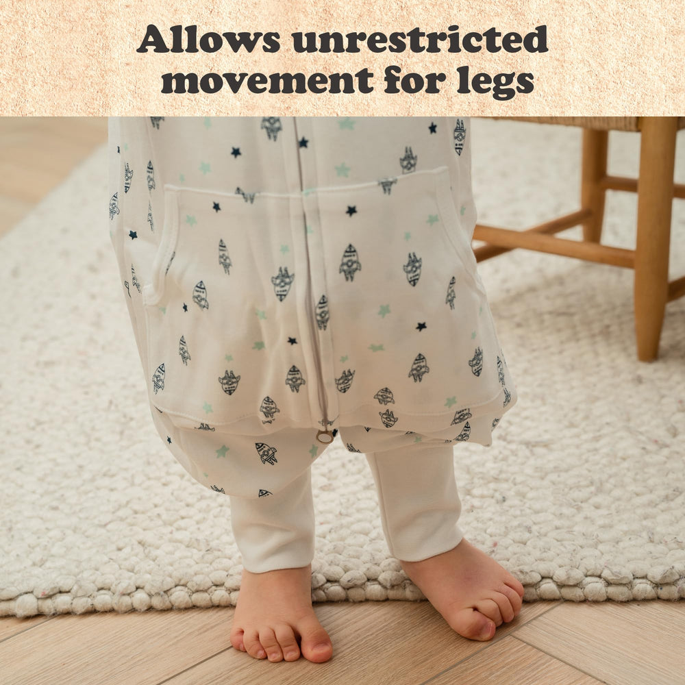 Bublo Baby wearable blanket with feet supports movement and comfort.