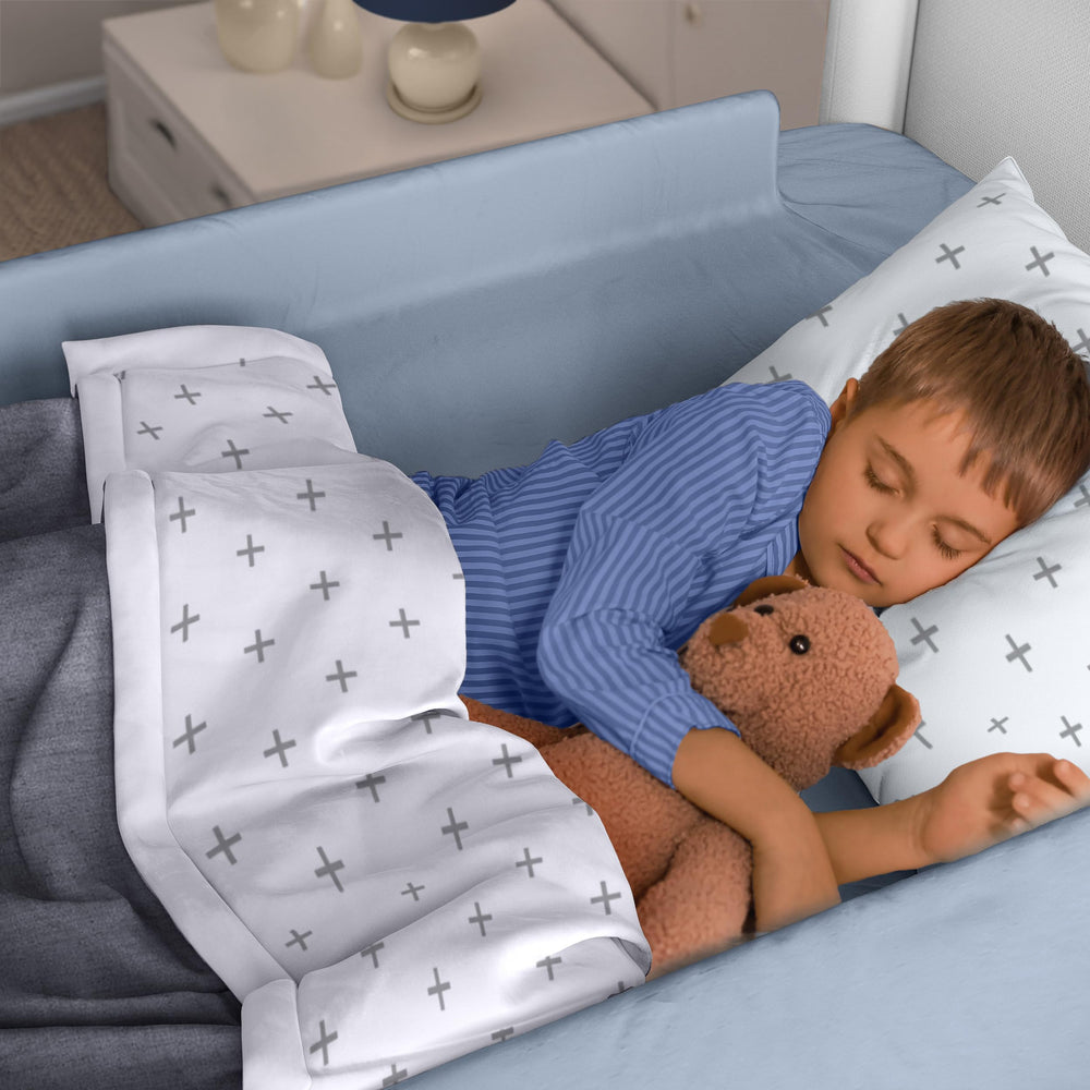 BuBumper foam bed bumper on bed edge delivers soft safety for toddlers.