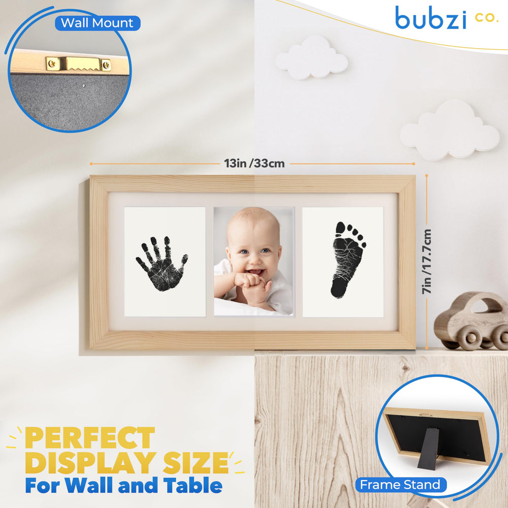 Bubzi Co handprint frame display on wall shows cherished newborn keepsake.
