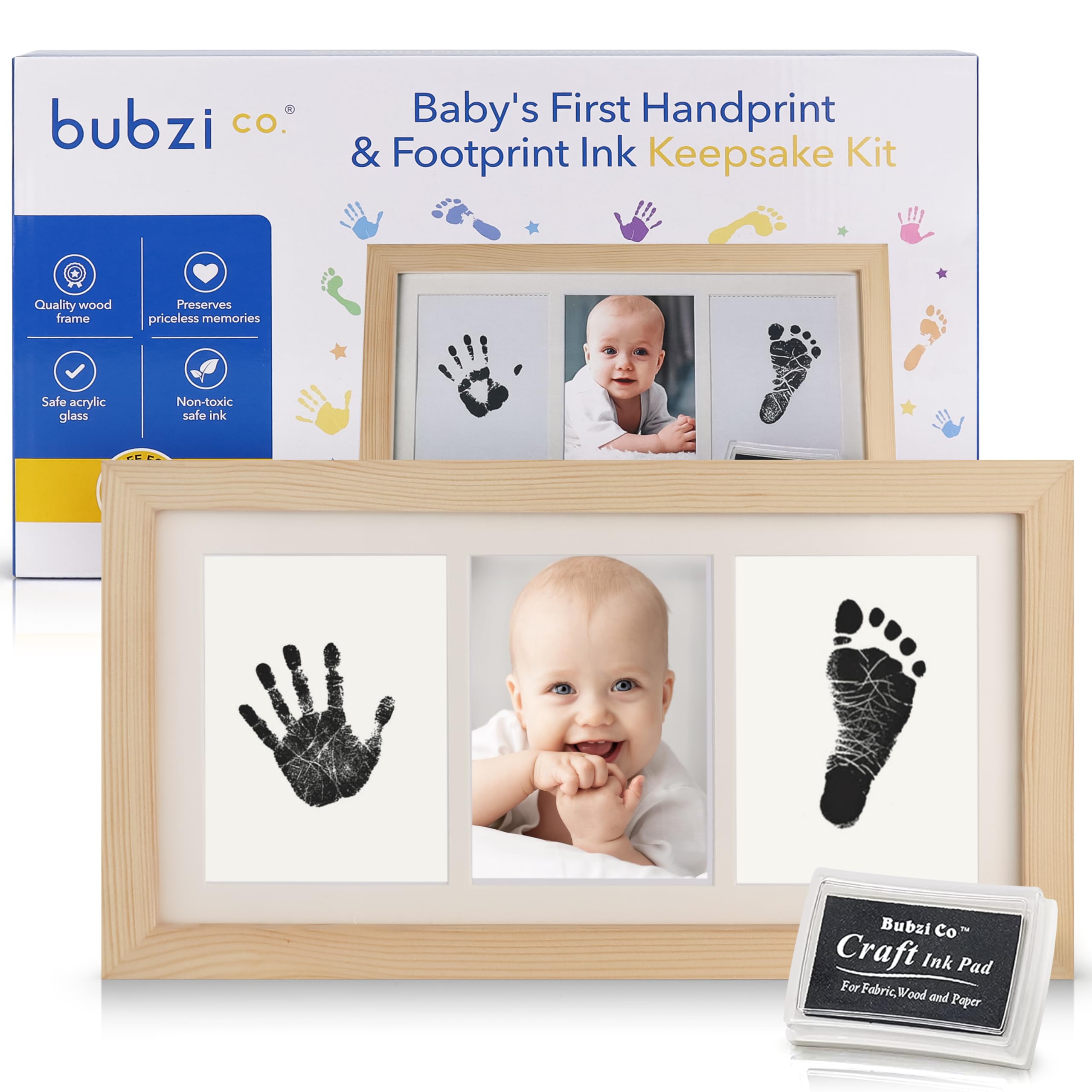 Bubzi Co baby handprint kit in natural wood package shows a keepsake setup for memories.