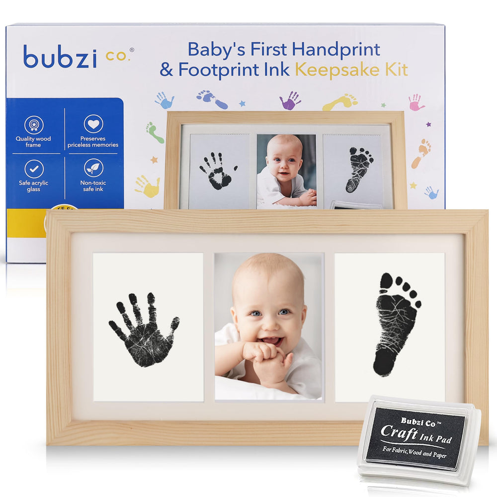Bubzi Co baby handprint kit in natural wood package shows a keepsake setup for memories.