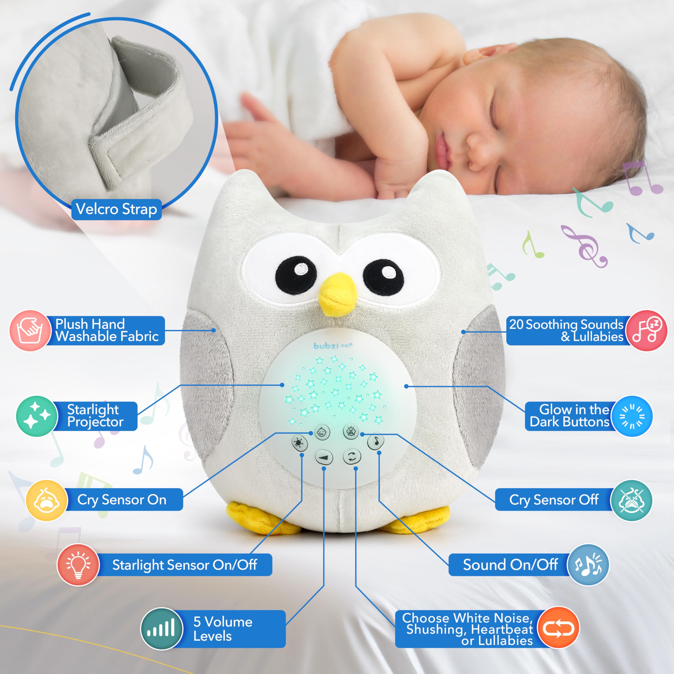 Bubzi Co cry activated feature automatically comforts during infant cries.