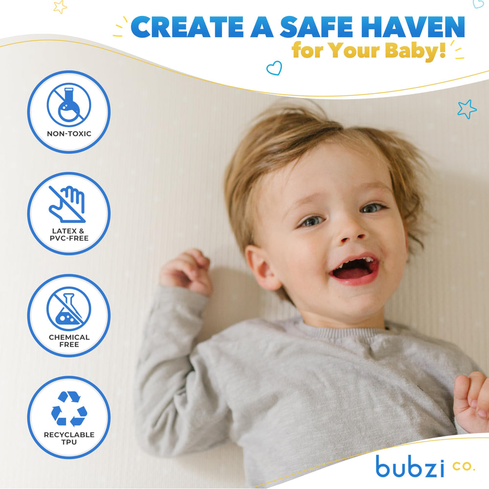 Bubzi Co play mat neutral beige pattern enhances decor while keeping baby comfy.
