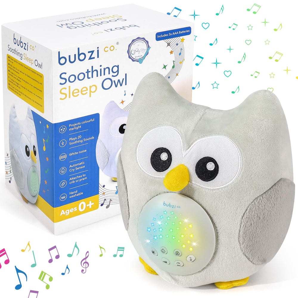 Bubzi Co sound machine owl closeup calms baby sleep.