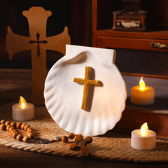Bucherry white resin cross-carved shell highlights elegant design for meaningful christening rituals.