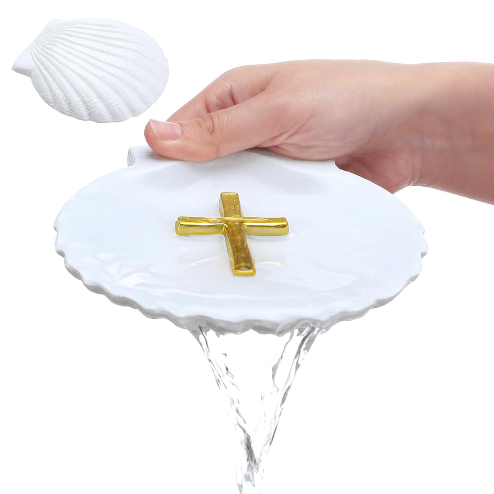 Bucherry baptismal shell in white resin with cross detail for sacred ceremony use.