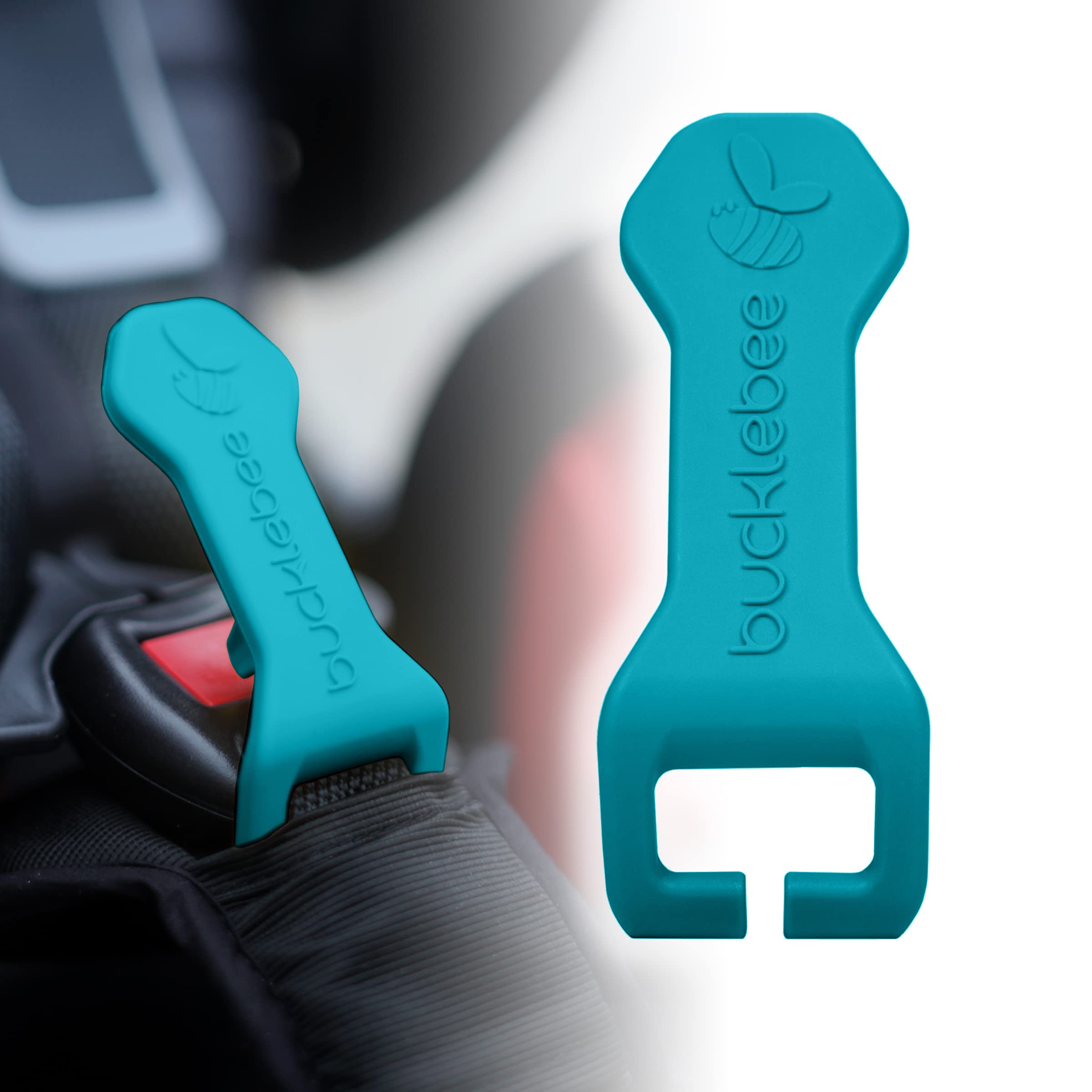Bucklebee teal buckle release tool front view showing compact, caregiver-friendly design