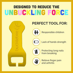 Bucklebee car-seat buckle tool installed on a vehicle buckle for simple release.
