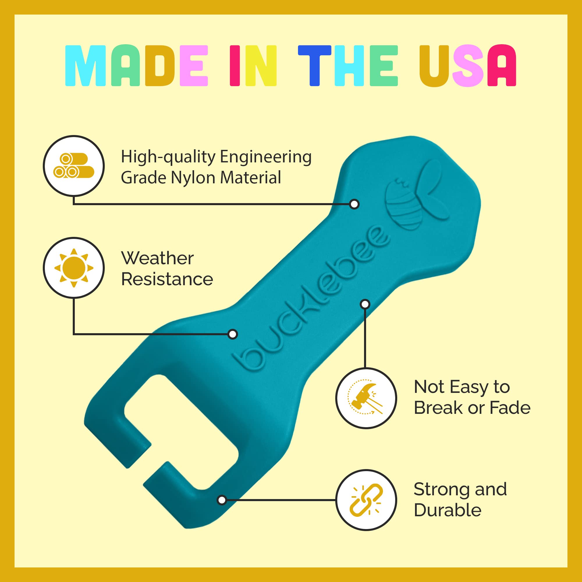 BUCKLEBEE crash-test-teal label shows safety-tested reliability for car-seat compatibility