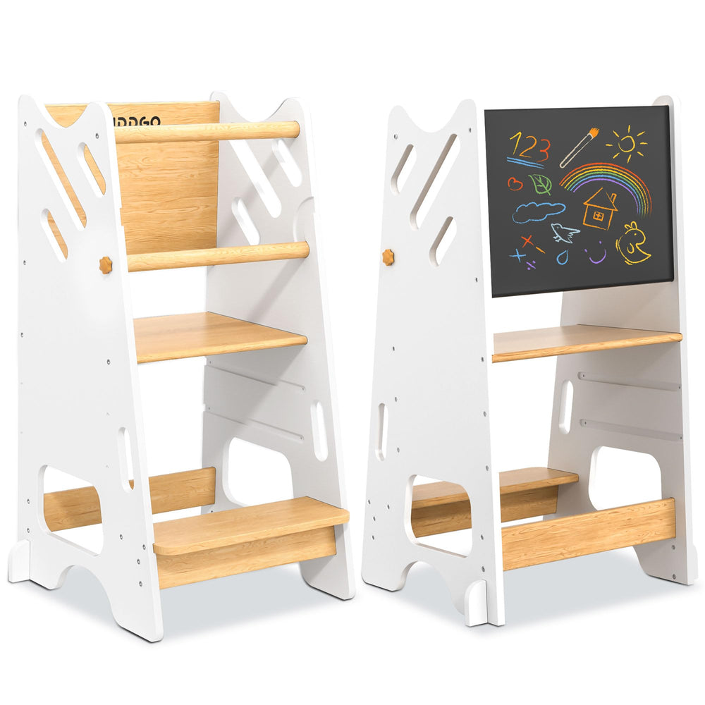 BUDDGO Toddler Standing Tower with safety rail provides a stable kitchen helper.