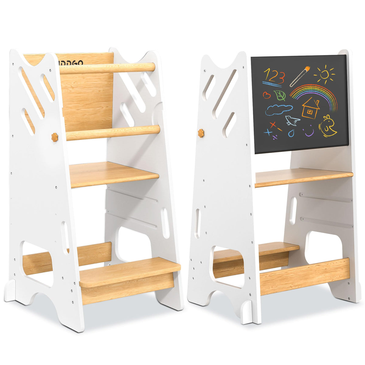 BUDDGO Toddler Standing Tower with safety rail provides a stable kitchen helper.