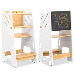 BUDDGO Toddler Standing Tower with safety rail provides a stable kitchen helper.