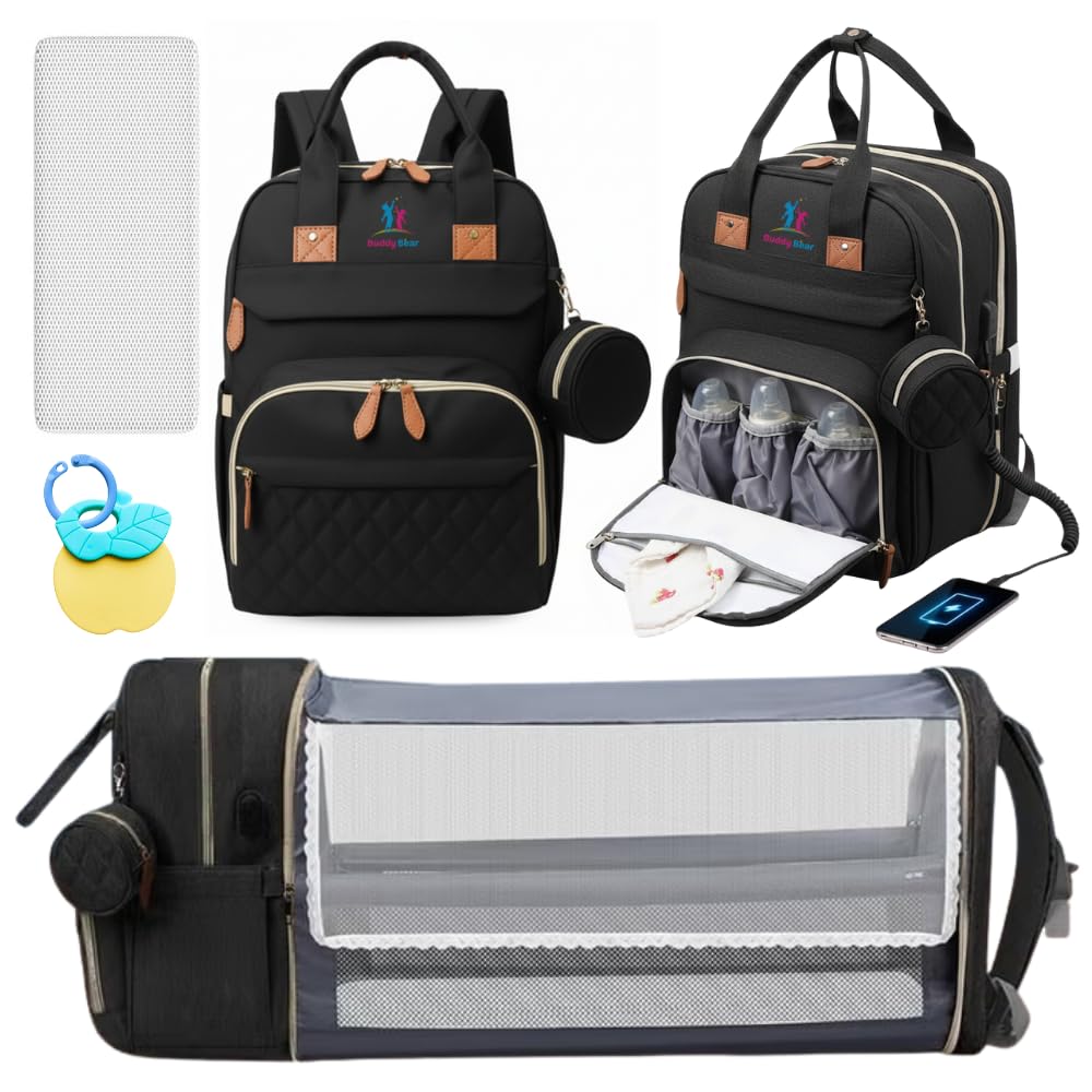 Buddy Bear diaper bag backpack showing changing station feature for quick diaper changes