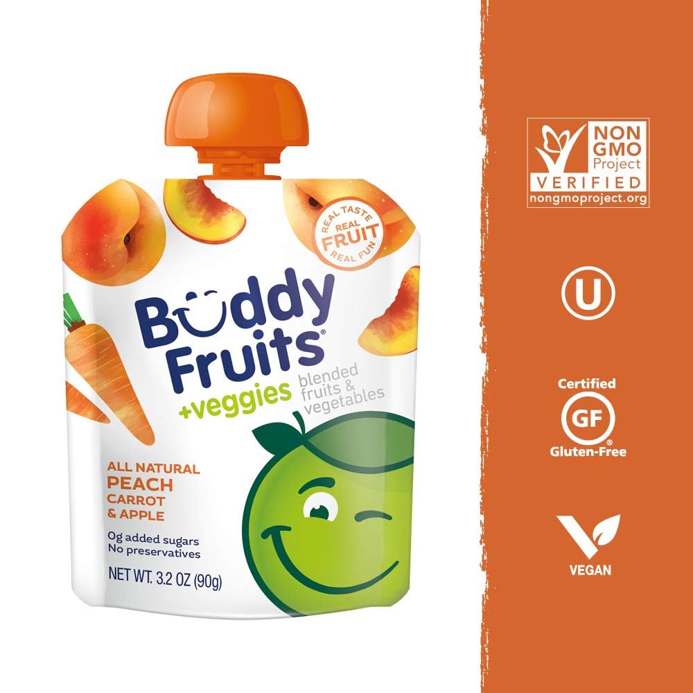 Buddy Fruits peach carrot applesauce pouch cap secured for travel