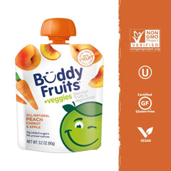 Buddy Fruits peach carrot applesauce pouch cap secured for travel