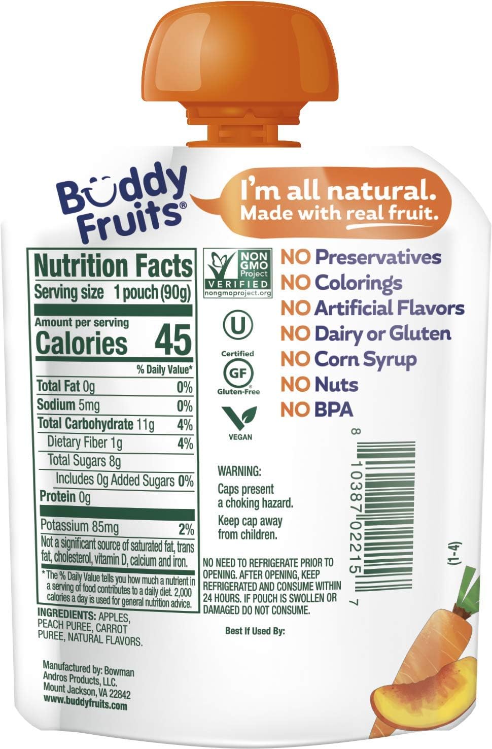 Buddy Fruits peach carrot applesauce pouch side showing easy transport