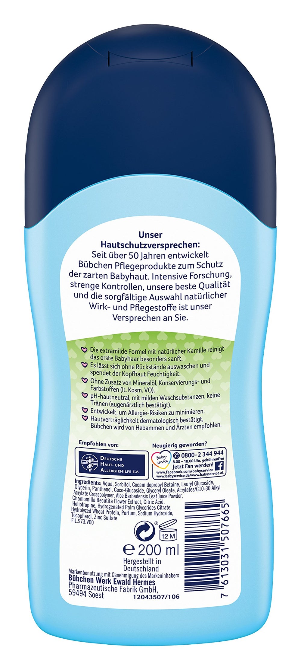 Bübchen shampoo close-up shows light lather for gentle cleansing of delicate hair.