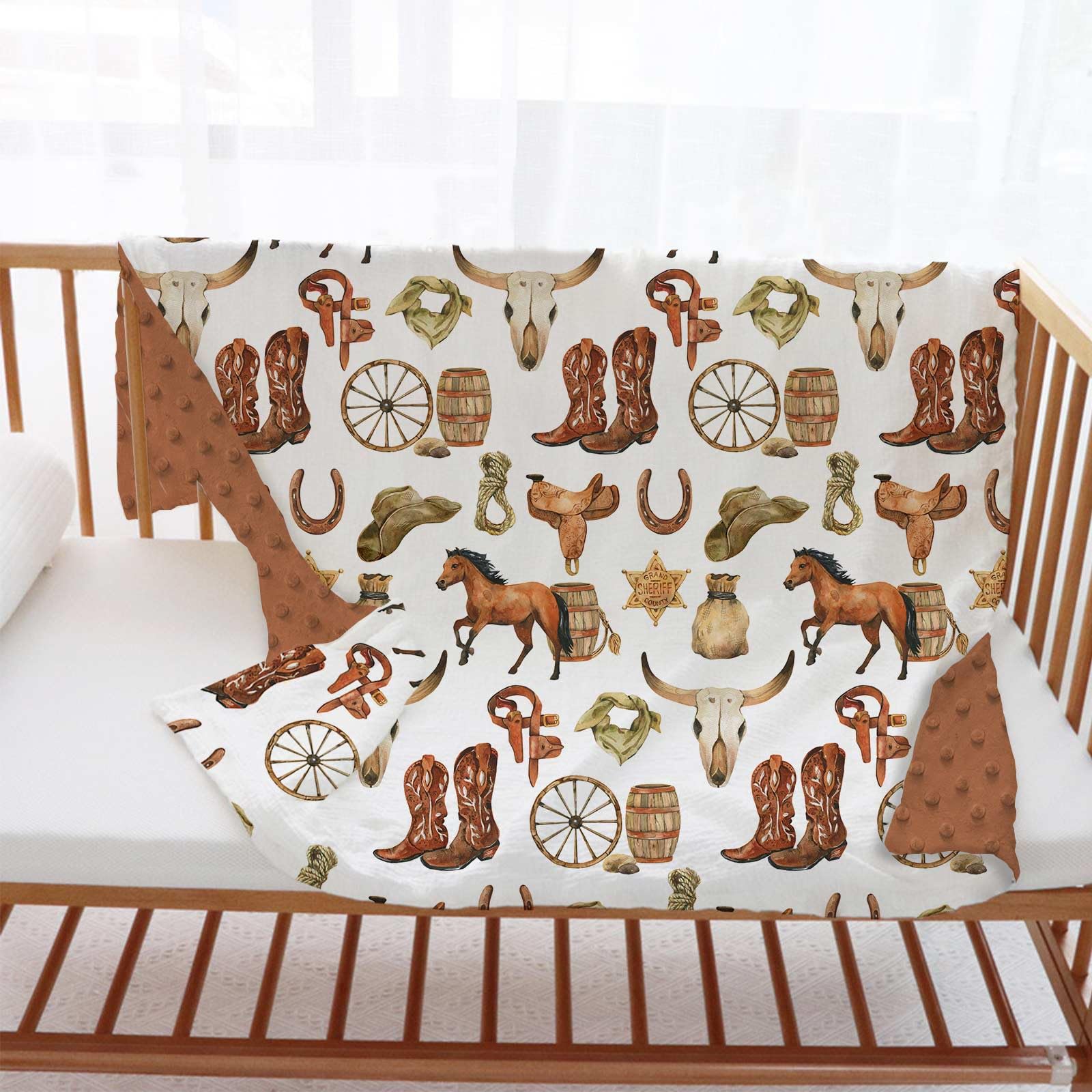 Buerhanerry Western Cowboy baby blanket ideal for nursery use, soft minky texture promotes cozy bedtime.