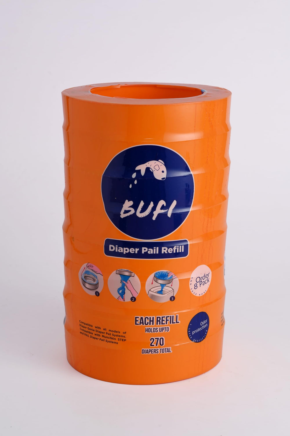 Bufi diaper pail refill 8-pack demonstrating convenient waste management and odor control