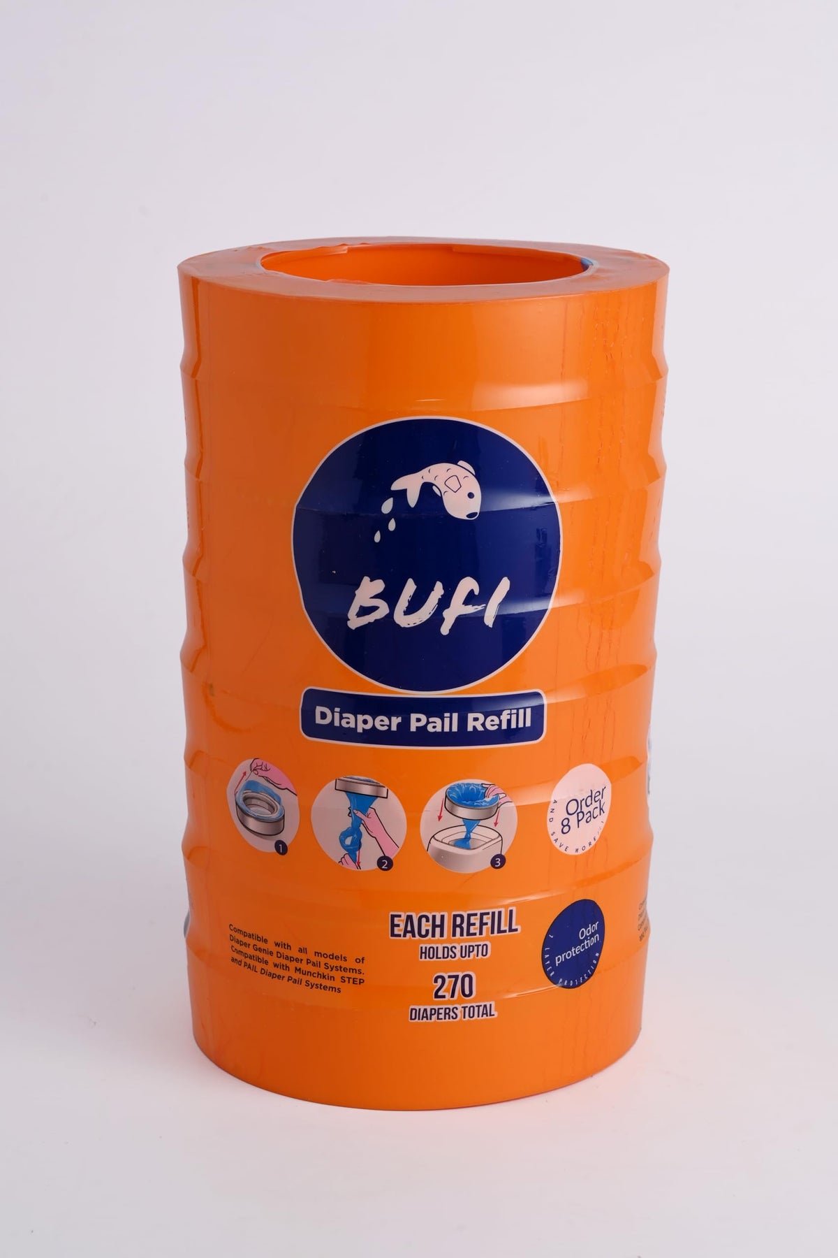 Bufi diaper pail refill 8-pack demonstrating convenient waste management and odor control