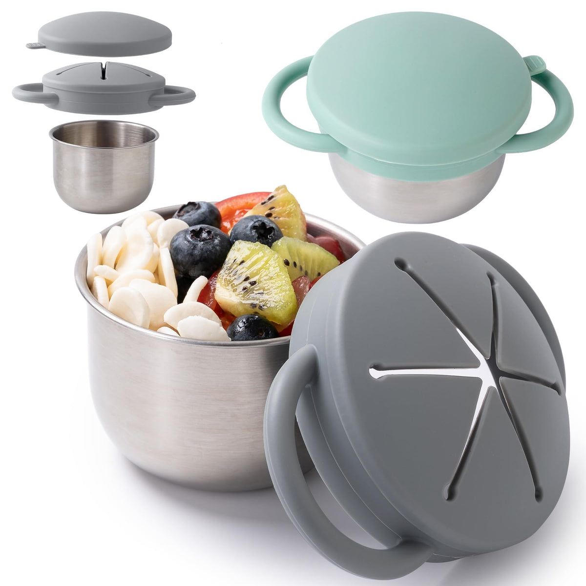 Bufilea 2pack snack containers base in stainless steel for durable toddler snacking.