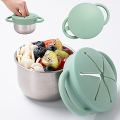 Bufilea stainless-base snack cup with dual handles enables easy toddler self-feeding.