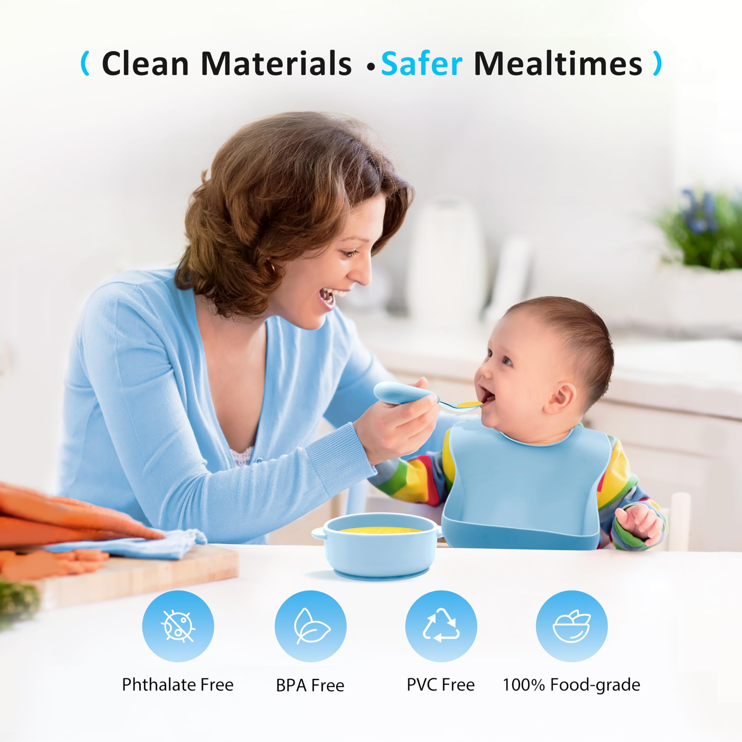 Bufims baby bib with deep pocket catches spills while feeding.