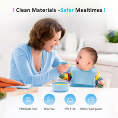 Bufims baby bib with deep pocket catches spills while feeding.
