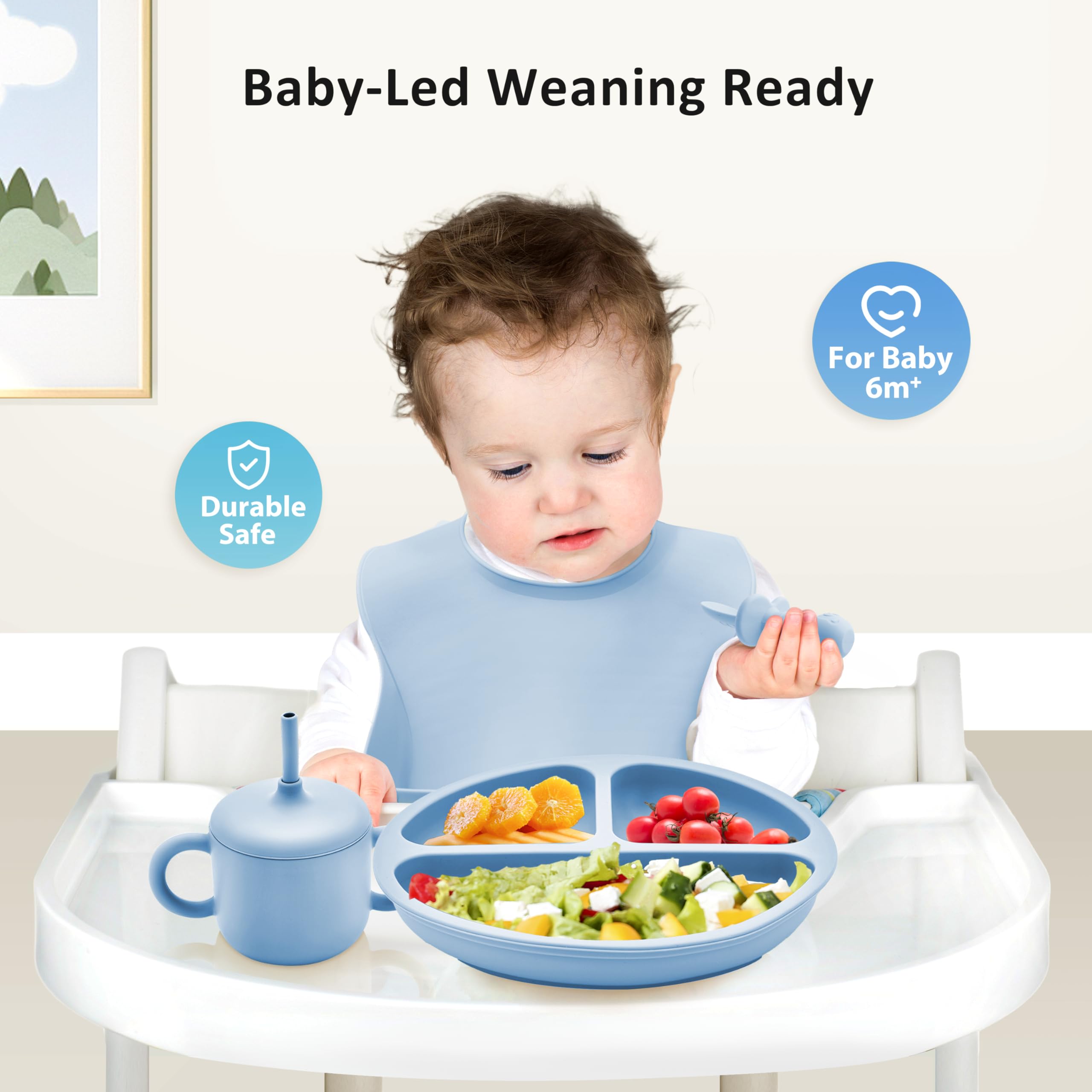 Bufims divided plate helps separate foods and promotes independent eating.