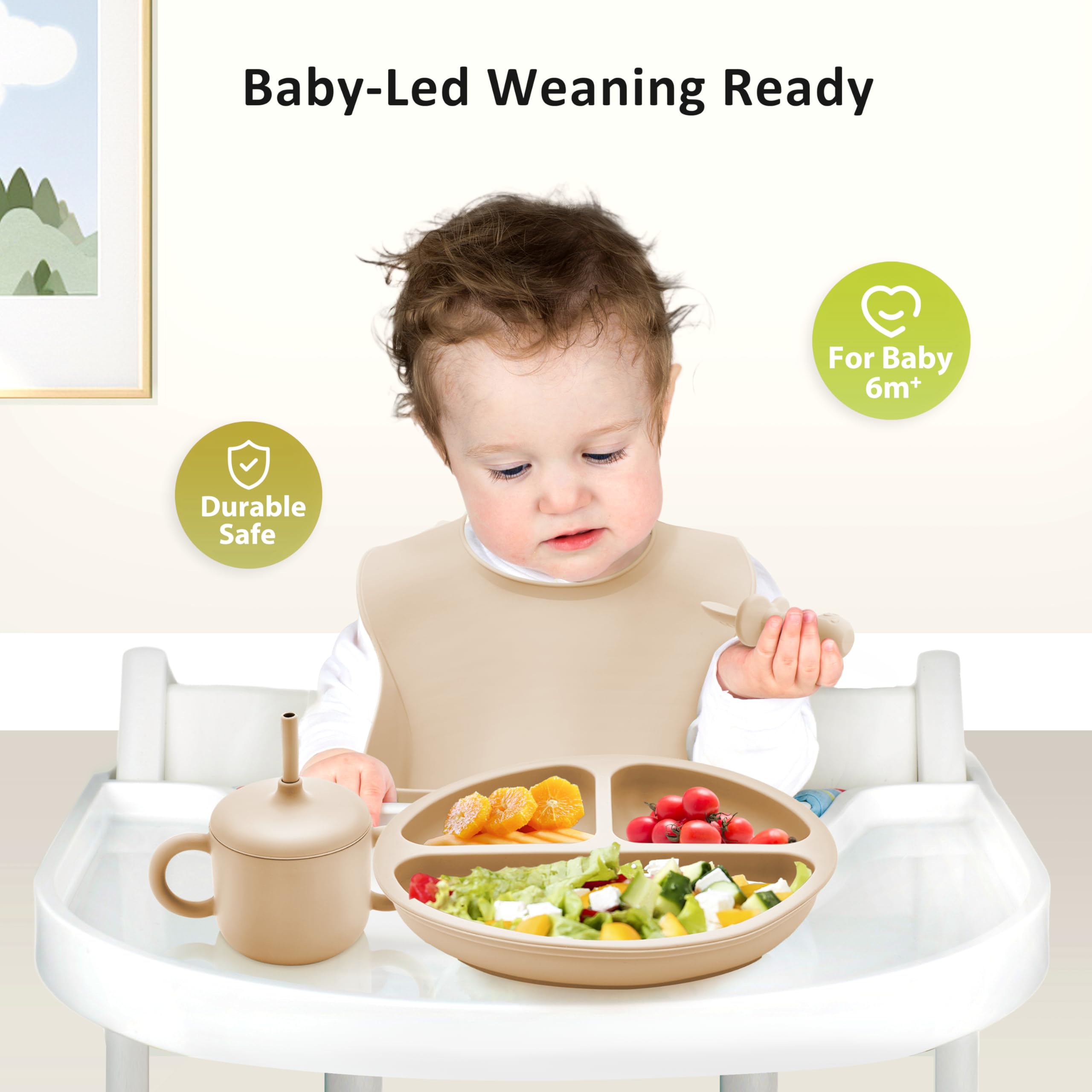 Bufims suction bowl on tray demonstrates mess-free meals with strong suction.