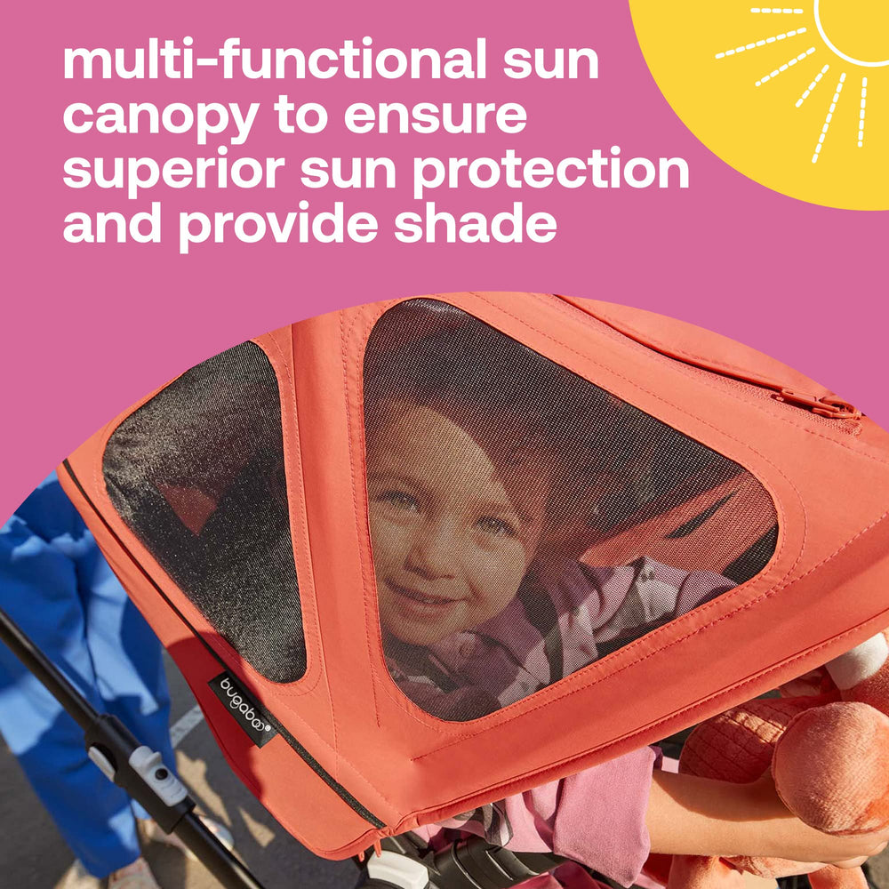 Bugaboo Breezy Sun Canopy peek-a-boo panel helps you supervise your baby.