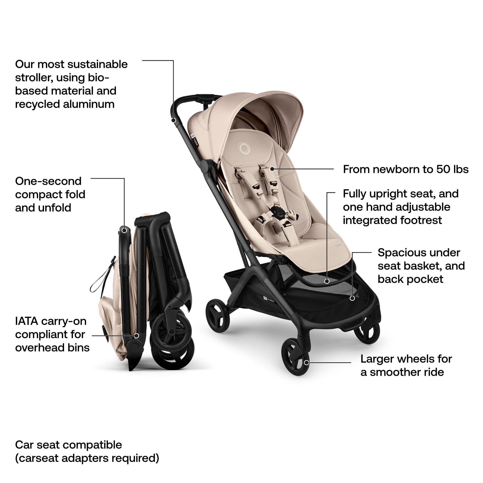 Bugaboo Butterfly 2 ergonomic seat with adjustable footrest for growing child.