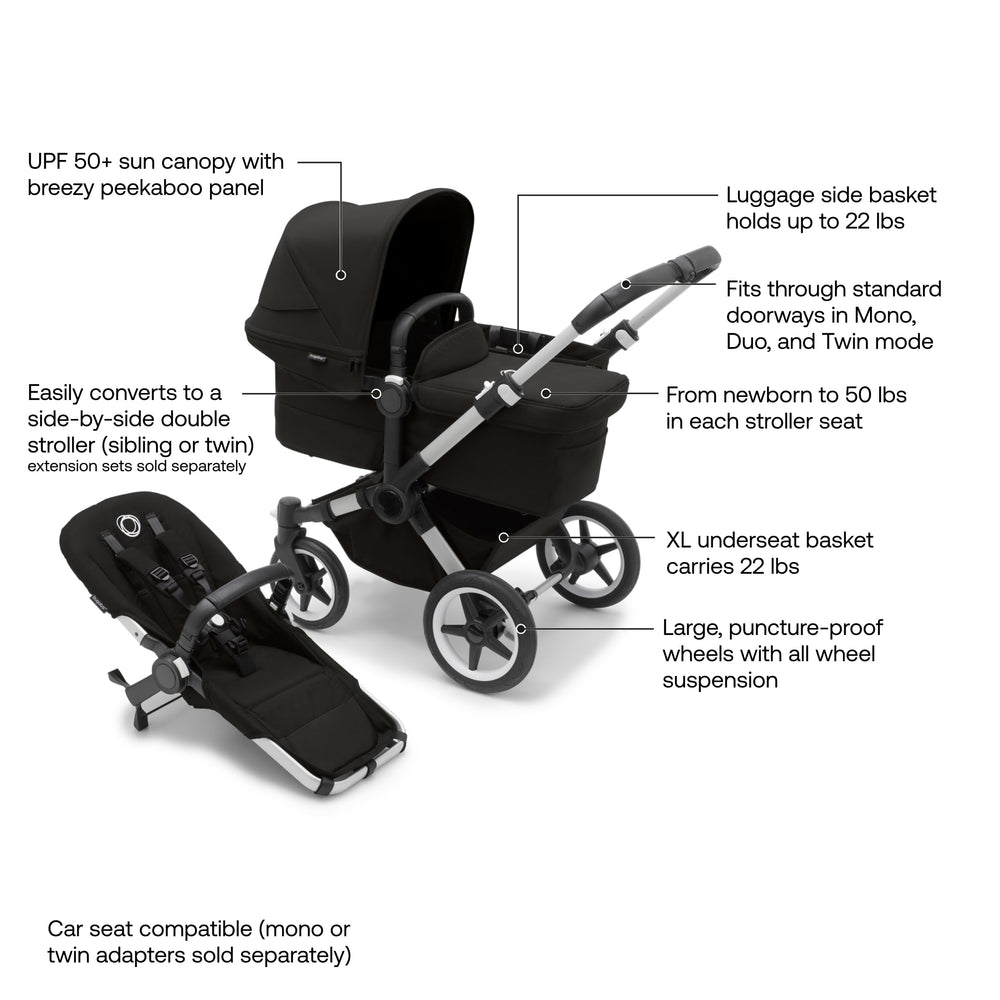 Bugaboo Donkey 5 Mono side-by-side twins setup supports close sibling interaction.