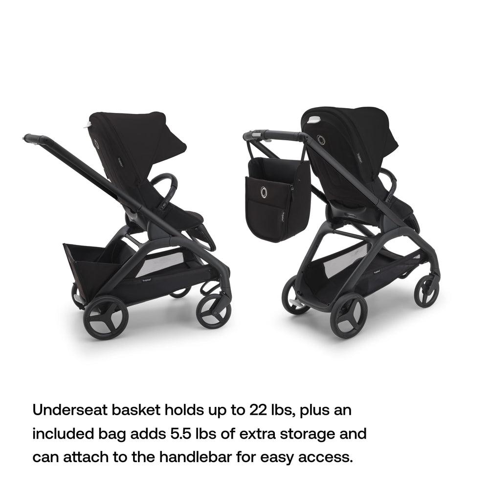Bugaboo Dragonfly black chassis contrasts with sleek stroller design