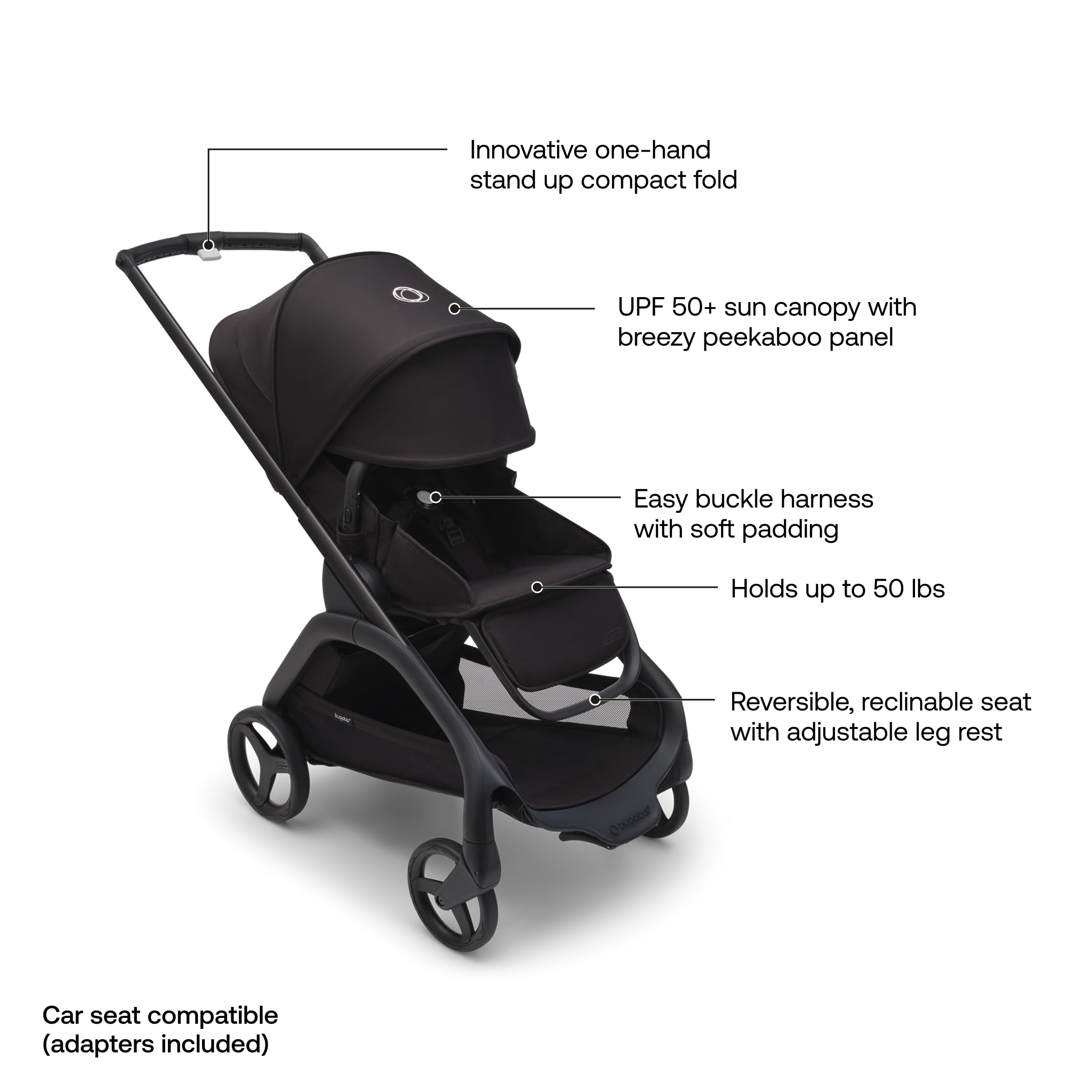 Bugaboo Dragonfly city wheels deliver sharp handling for urban streets.