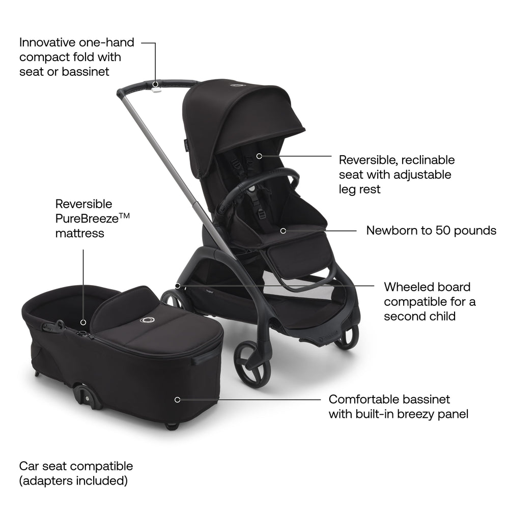 Bugaboo Dragonfly full suspension wheels absorb city bumps for smoother rides.