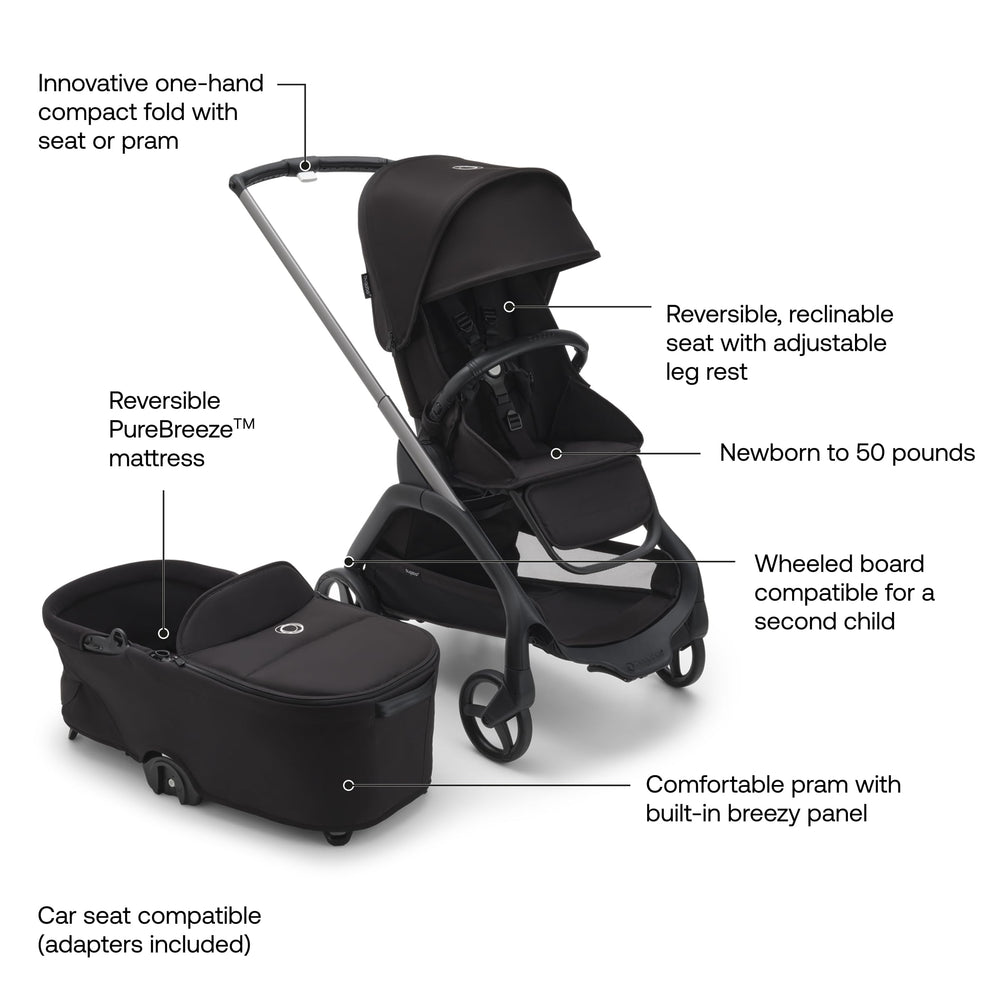 Bugaboo Dragonfly full-suspension wheels smooth ride on rough pavement.