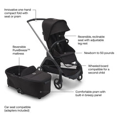 Bugaboo Dragonfly full-suspension wheels smooth ride on rough pavement.
