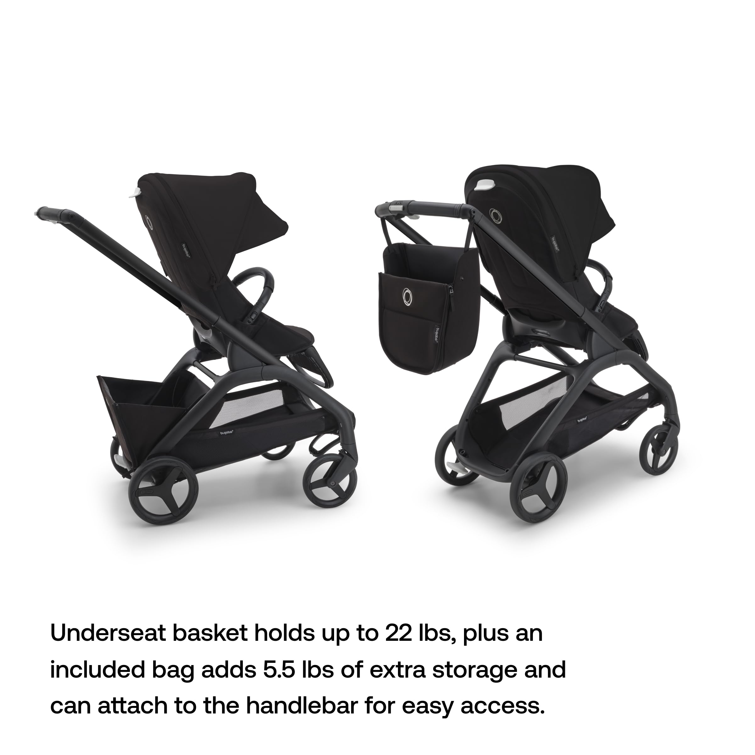 Bugaboo Dragonfly midnight sun canopy provides shade and a polished look.