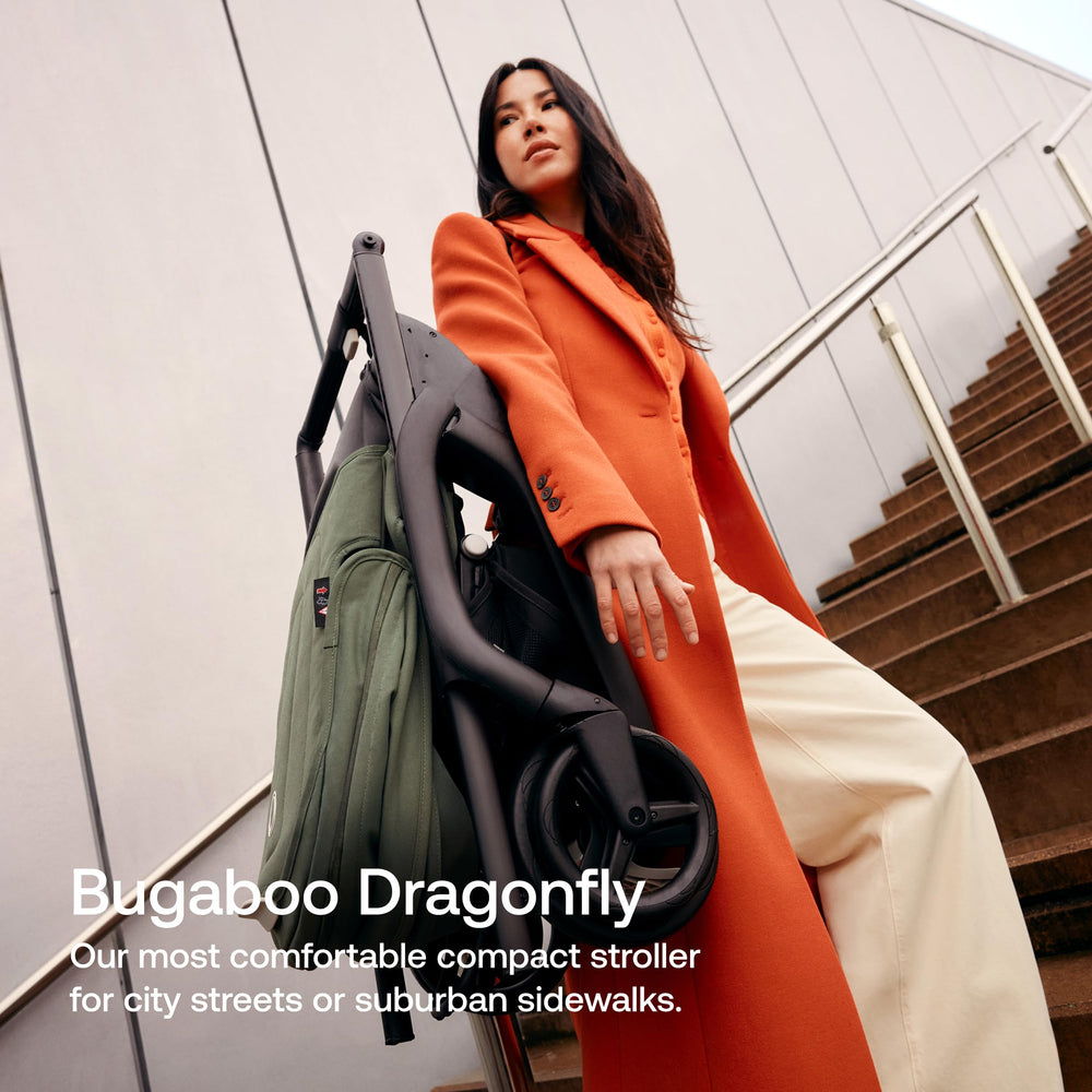 Bugaboo Dragonfly one-hand fold demonstrates effortless setup for parent on the go.