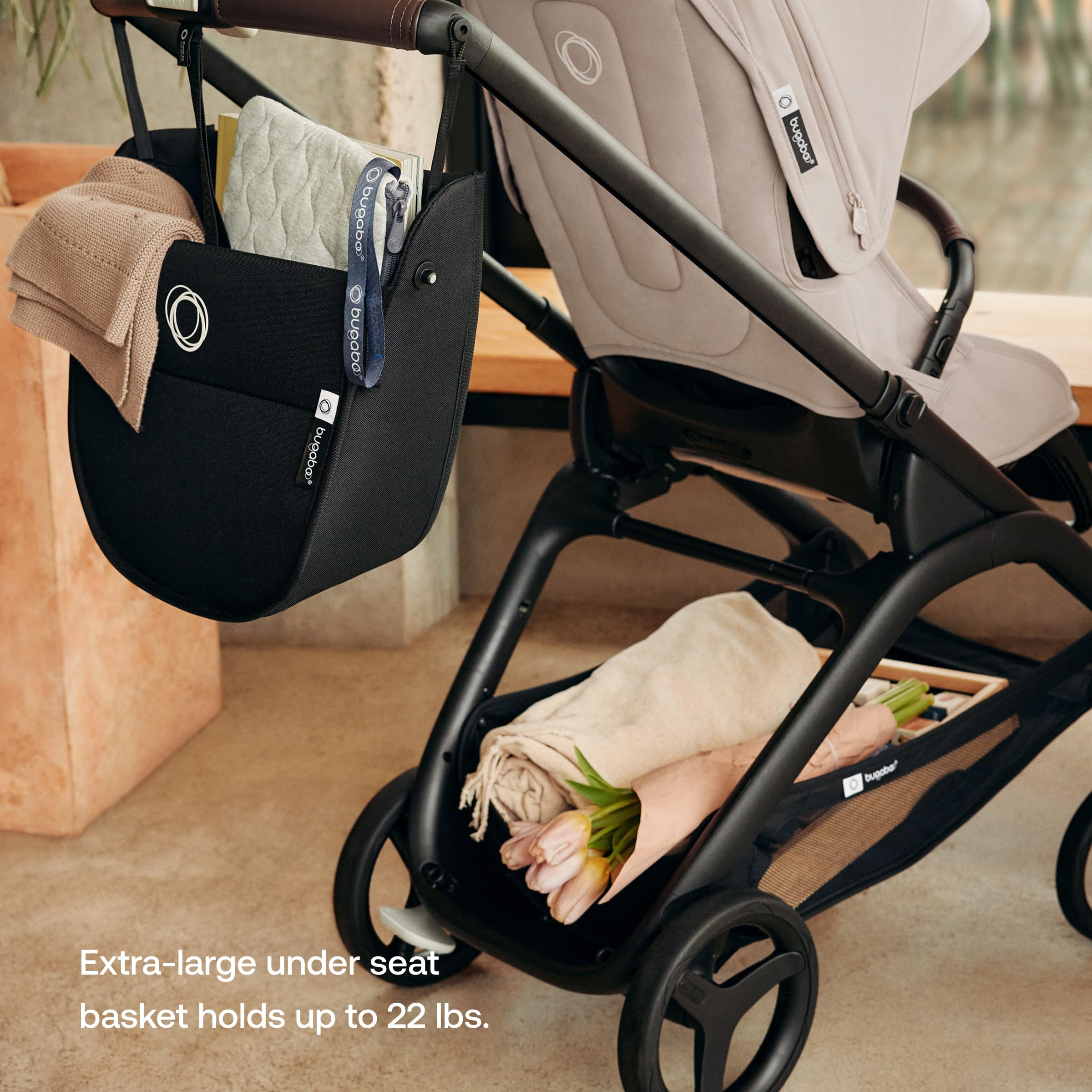 Bugaboo Dragonfly XL underseat basket provides spacious storage for outings.