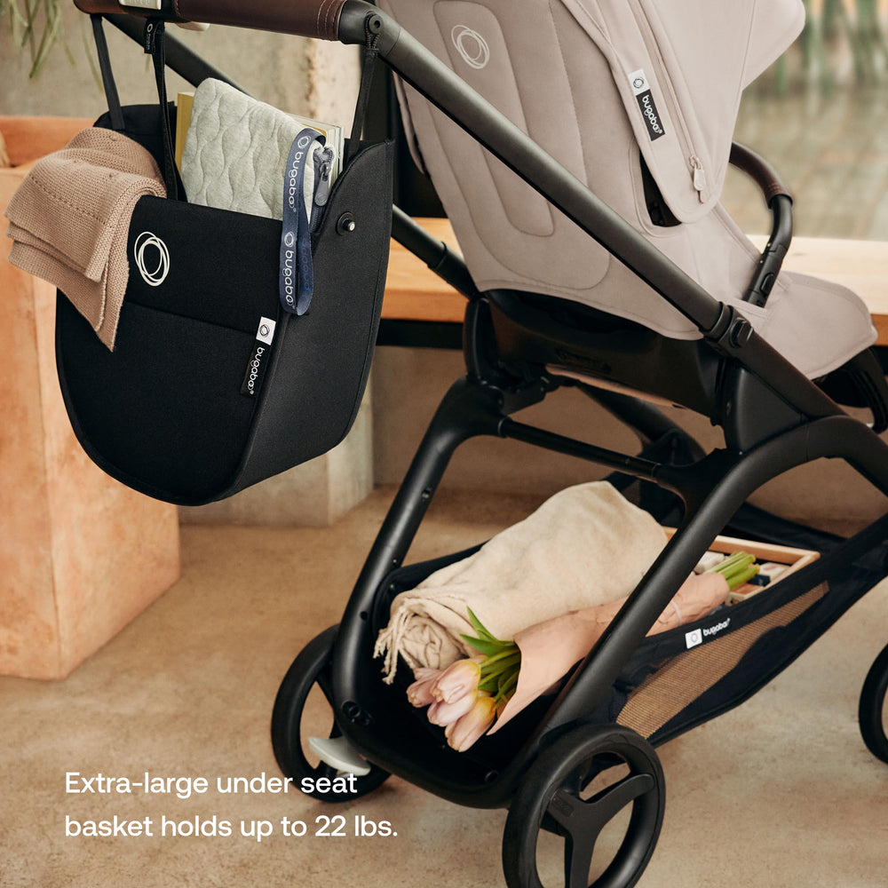 Bugaboo Dragonfly XL underseat basket provides spacious storage for outings.