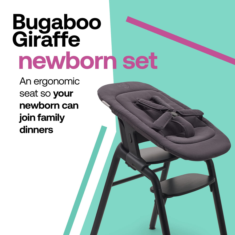 Bugaboo Giraffe newborn set harness close-up highlighting the 5-point safety for secure seating.
