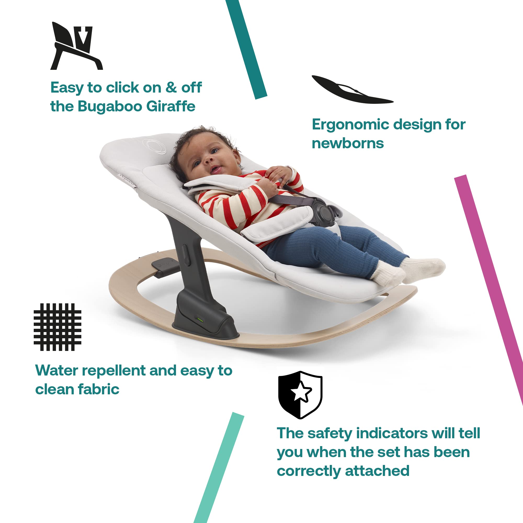 Bugaboo Giraffe newborn set rocker-frame close-up demonstrates easy transfer between chair and rocker.