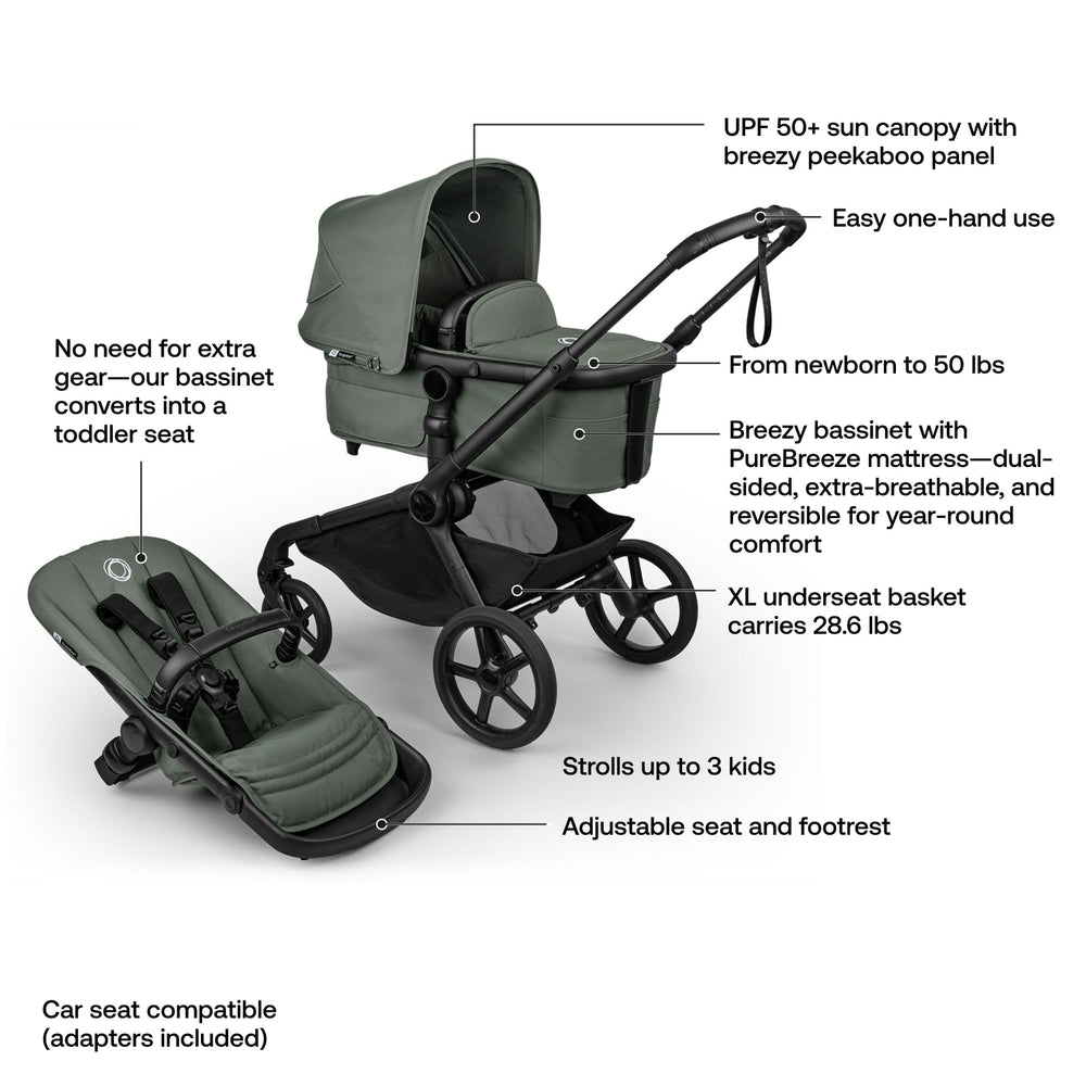 Bugaboo Kangaroo bassinet and seat setup enables flexible infant and toddler seating.