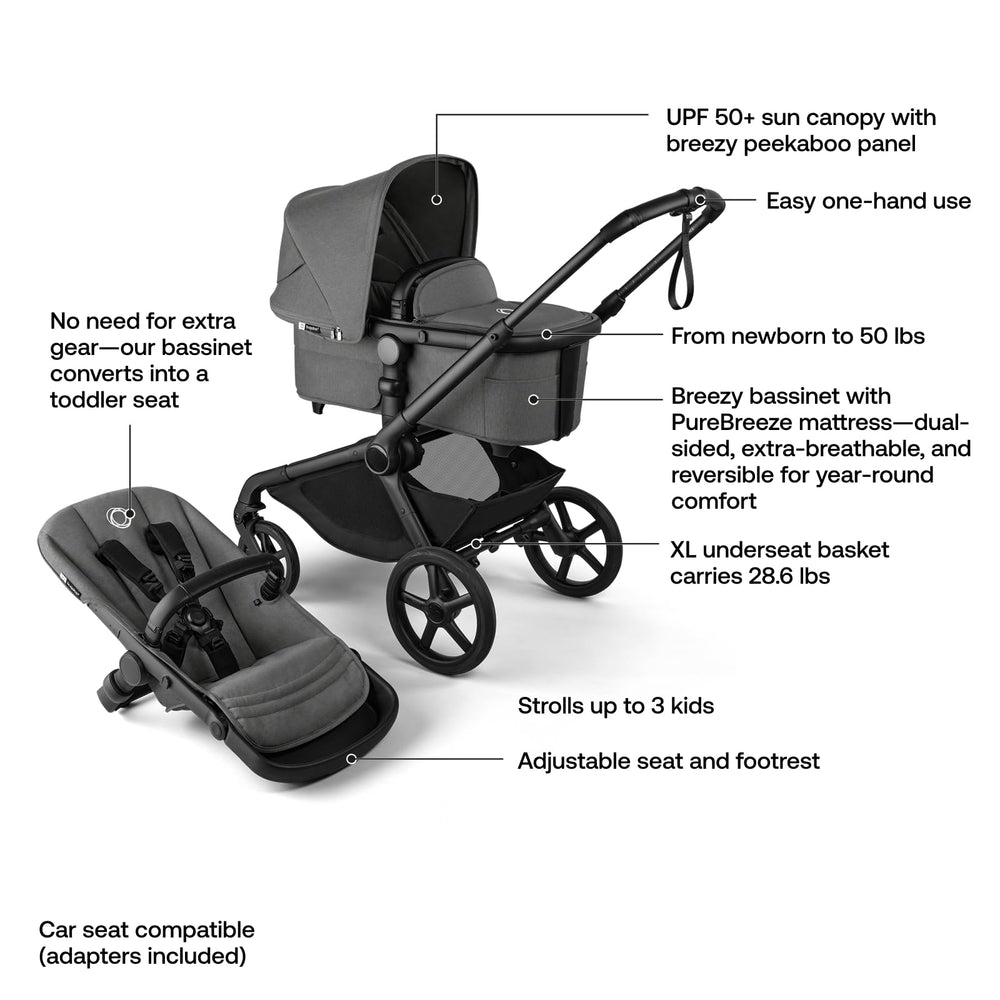 Bugaboo Kangaroo front suspension cushions bumps for comfortable strolls.