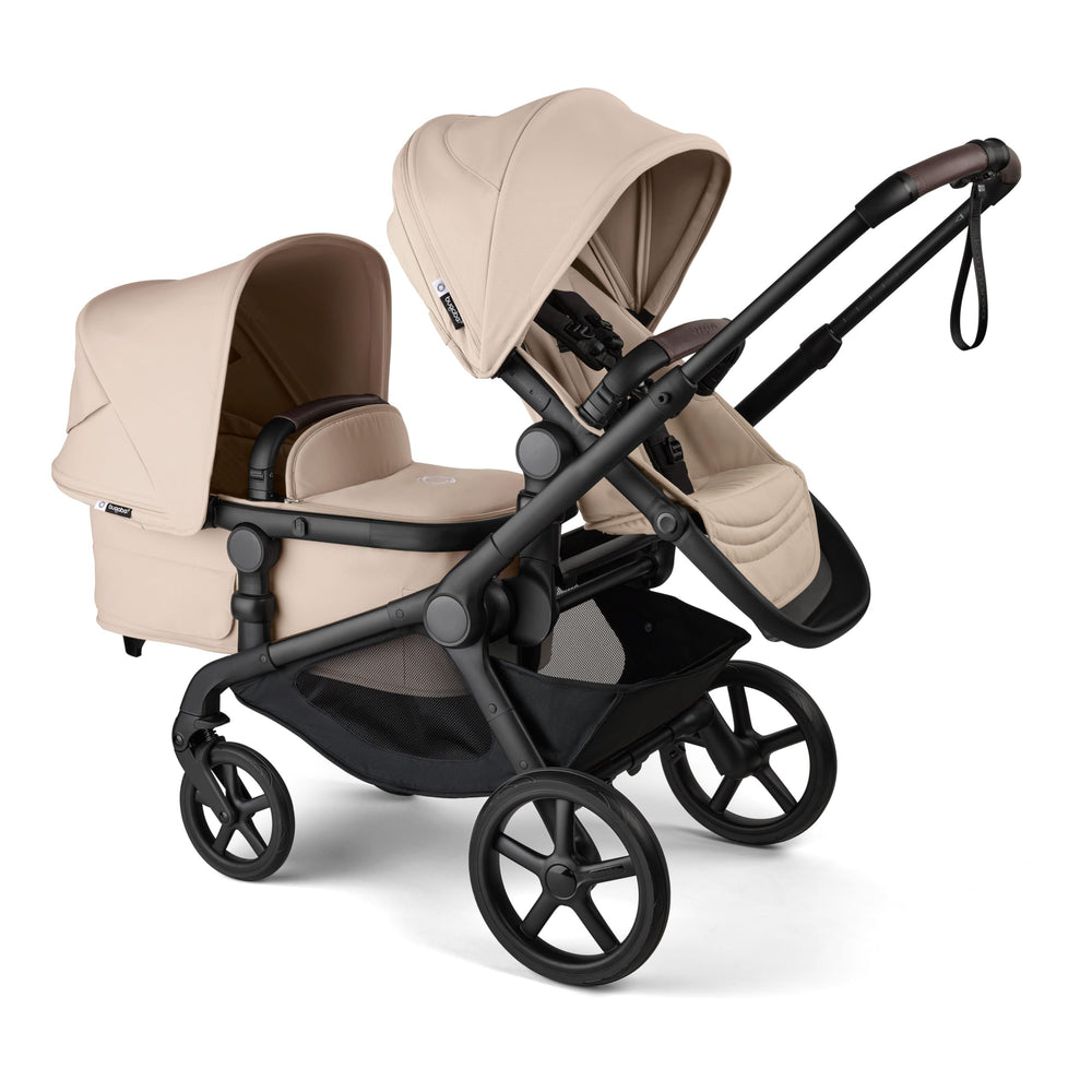 Bugaboo Kangaroo tandem setup in Desert Taupe enables two-child outings