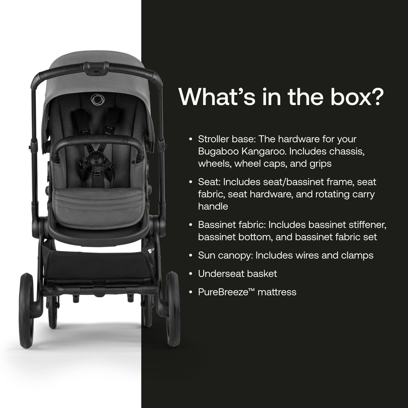 Bugaboo Kangaroo XL underseat basket stores essentials for errands.