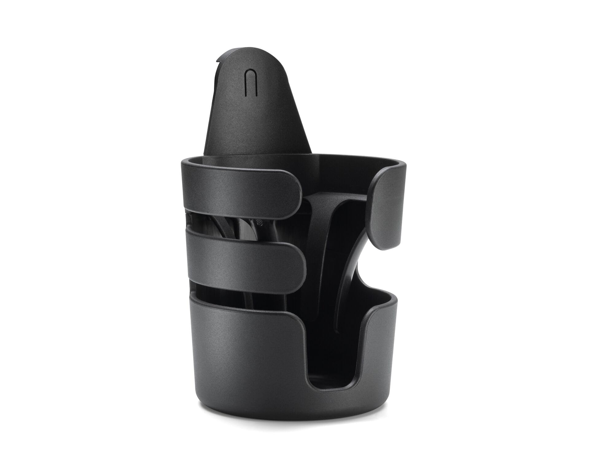 Bugaboo stroller cup holder close-up showing secure upright bottle fit for mess-free strolls.